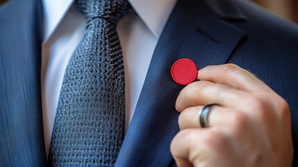 Man pinning red badge on suit, office background, event