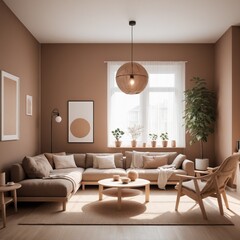 Modern interior japandi style design living room. Lighting and sunny scandinavian apartment with plaster and wood. in Pantone color of the year 2025 Mocha Mousse. 
