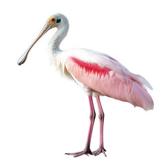 Obraz premium roseate spoonbill. a large wading bird known for its striking pink feathers. long legs. and distinctive spoon-shaped bill the bird stands elegantly against a white background. showcasing its vibrant c