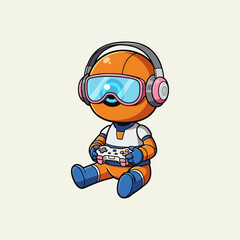 A cute orange robot wearing headphones and goggles sits and plays a video game with a controller.
