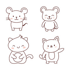 Naklejka premium Set of Cute Mouse Cat Dog Animal Doodle Cartoon Character in Line Art Design