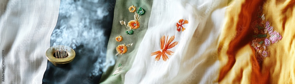 Poster a collection of colorful fabrics with intricate embroidery and a decorative circular object.