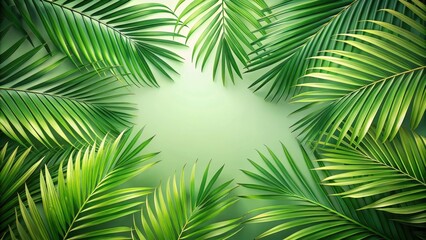 Lush Green Palm Fronds Arranged in a Circular Frame on a Soft Green Background