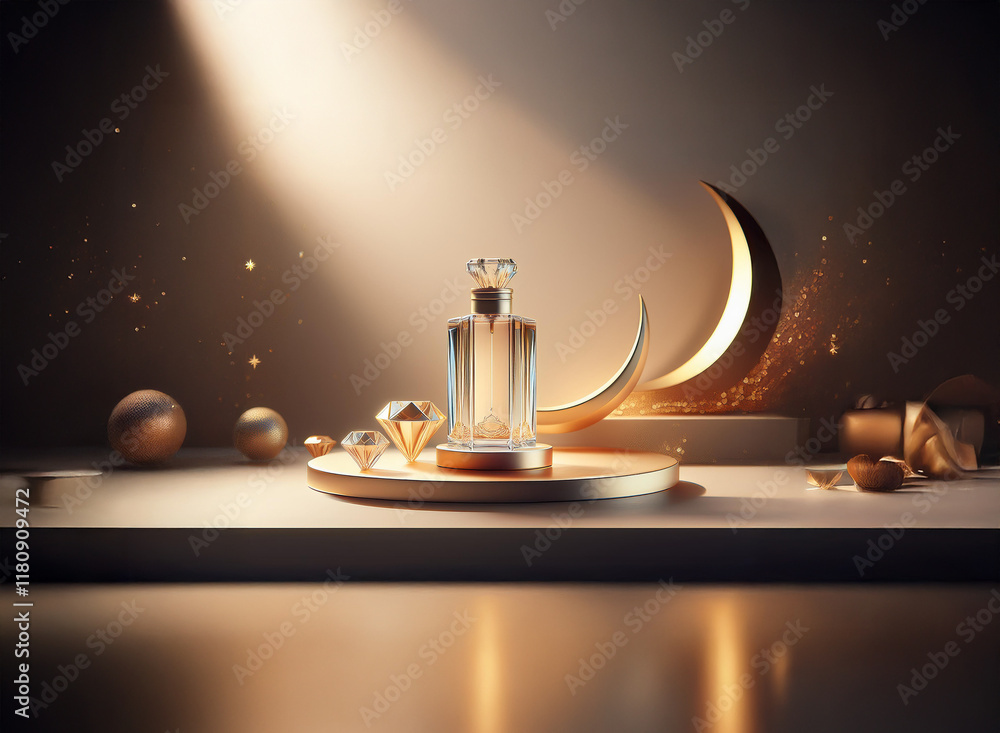 Poster elegant perfume bottle displayed on a golden platform, bathed in soft spring light, next to a cresce