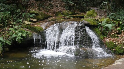 Small waterfall flows into pond, forest backdrop, for nature, calm, or outdoors use