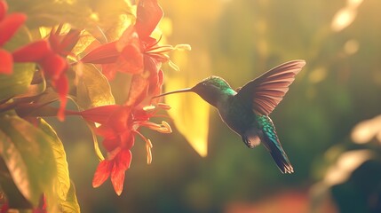 Naklejka premium A photo of a hummingbird sipping nectar from a brightly colored flower.