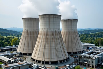 Industrial Power Plant Cooling Towers Three Concrete Hyperboloid Structures with Steam