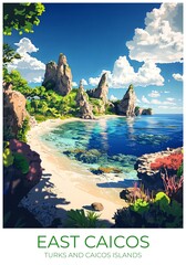 East caicos Turks and caicos islands Travel Poster Flat Illustration Print Decor Gift Canvas Wall Art Gift
