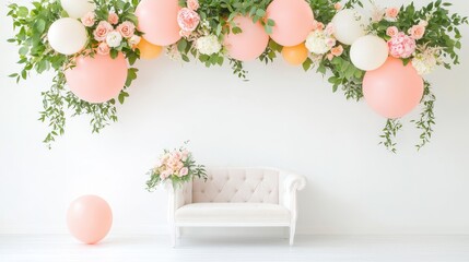 Fototapeta premium A white couch is in front of a wall with pink and white balloons and flowers