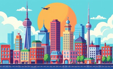 Obraz premium A pixelated cityscape illustration featuring a mix of modern skyscrapers and historic buildings, set against a vibrant blue sky with fluffy clouds.