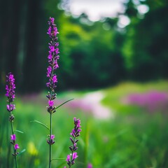 Obraz premium Lush Green Landscape with Vibrant Pink Wildflowers Gracefully Standing Tall in Spring