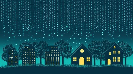 Enchanted Night: Cityscape under a Starry Shower