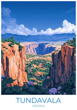 Tundavala Angola Travel Poster Flat Illustration Print Decor Gift Canvas Wall Art Gift