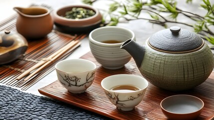 A photo of a Japanese tea ceremony with delicate porcelain and precise movements.
