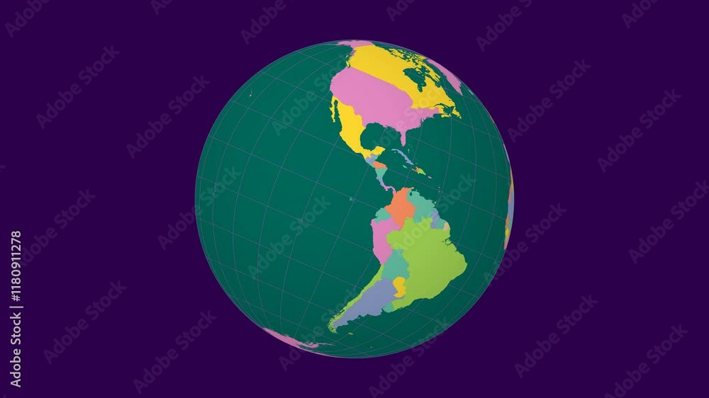 Poster spinning planet. tilted sphere view. fast speed earth rotation. colored countries style. world map w
