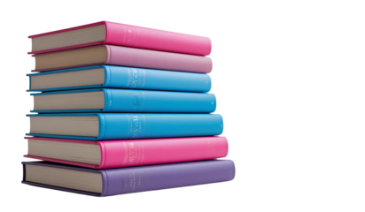 A neat stack of seven hardcover books with colorful covers in shades of pink, blue, and purple, arranged against a transparent background.