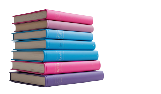 A neat stack of seven hardcover books with colorful covers in shades of pink, blue, and purple, arranged against a transparent background.