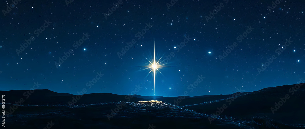 Wall mural bright shining star of bethlehem on dark blue starry night sky. star of jesus, christmas star. nativ