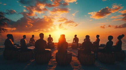 Sunset beach drum circle meditation group