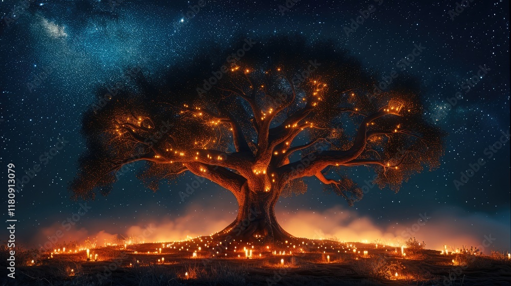 Poster the oak at midnight, its branches reaching into the starry sky, with a faint glow of the milky way a