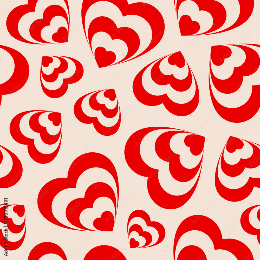 Poster monochrome seamless pattern of heart shaped tunnel. rainbow romantic pattern. beige and red colors. 