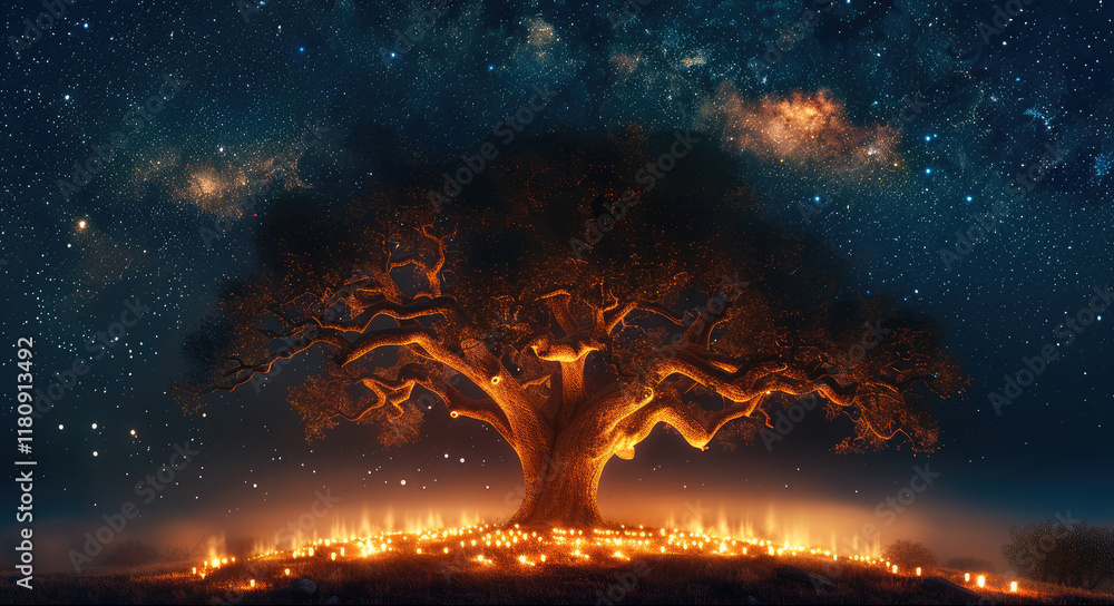 Poster the oak at midnight, its branches reaching into the starry sky, with a faint glow of the milky way a