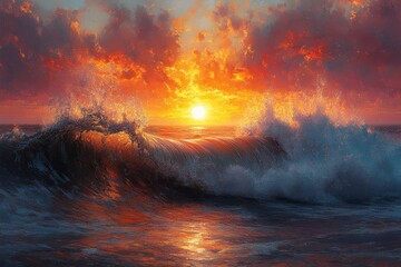 Naklejka premium Vibrant sunset over ocean waves with dramatic clouds illuminating the sky at dusk