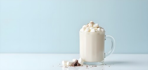 White Hot Chocolate in Clear Mug with Marshmallows on Pastel Background