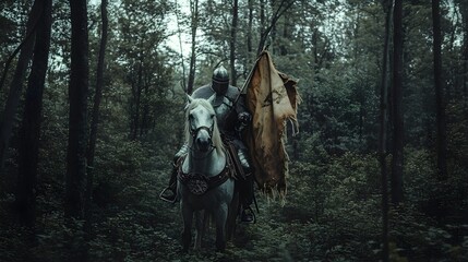 Naklejka premium A photo of a knight on horseback in a dense forest, carrying a tattered banner.