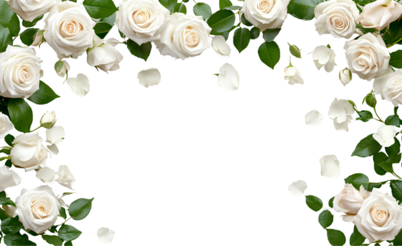 Elegant rose and white flower border with copy space on a transparent background, PNG