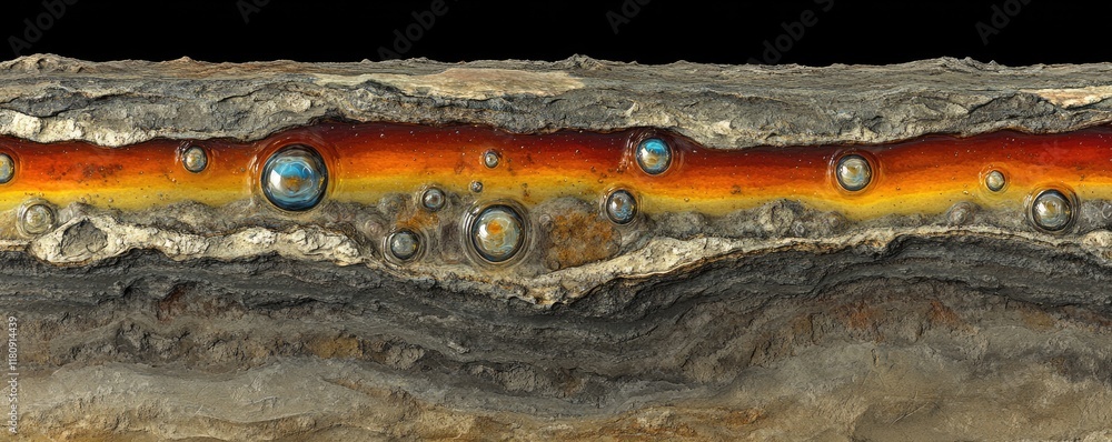 Poster a cross-section showing geological layers with colorful mineral formations and bubbles.