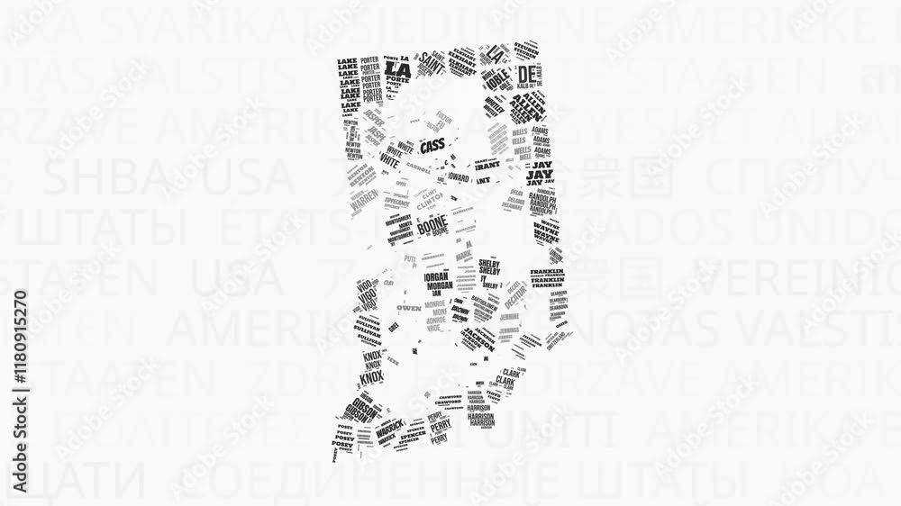 Aufkleber indiana intro animation. state with counties illustration video. background with state names in vari