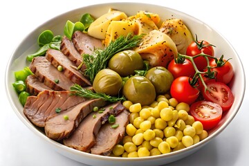 A white plate filled with a hearty meal featuring sliced meat, round yellow dumplings, green peas, tomatoes, and a hint of greenery.  The dish is bathed in a rich, brown sauce.