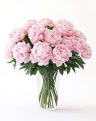 Elegant Pink Peony Bouquet in Clear Vase with Fresh Green Leaves on White Background