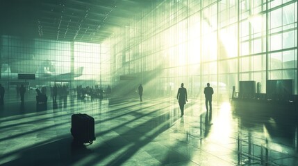 Airport terminal, sunrise, travelers walking, airplane background, travel