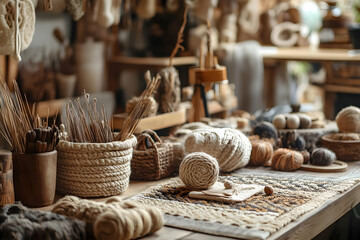 Artisan workshop with natural fibers, yarn, and tools.