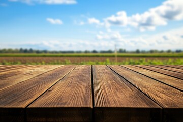 Rustic wooden table, sunny field background, product display (7)