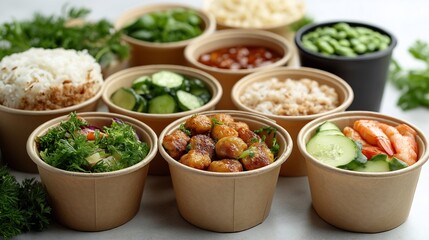 Photos of dishes from delivery in cardboard packages, minimalistic style on a white background