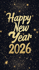 Elegant glittery gold "Happy New Year 2026" on a starry black backdrop-1