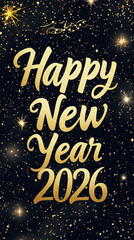 Elegant glittery gold "Happy New Year 2026" on a starry black backdrop-2