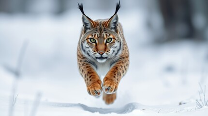 Eurasian Lynx Leaping Through Snowy Winter Landscape