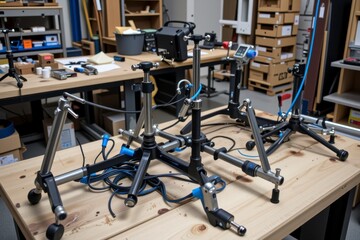 Obraz premium Studio Production Equipment Boom Microphone Stands Accessories on Wooden Table