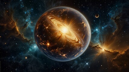 Obraz premium In a celestial masterpiece found deep within vast galaxies, a glowing orb of celestial significance floats majestically, radiating hues of shimmering golds and silvers. This exquisite photograph captu