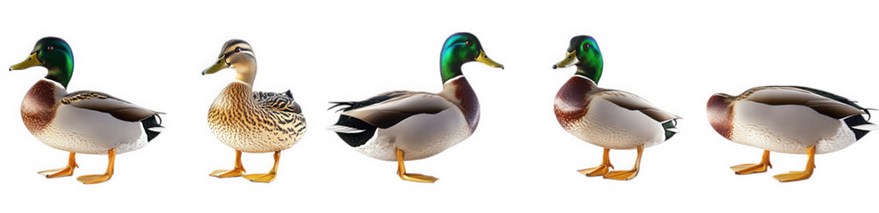 Obraz premium a series of five ducks. specifically mallards. displayed in a row. highlighting their distinct features and colors the arrangement emphasizes their physical characteristics and variations. serving as