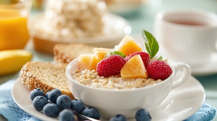 Healthy Breakfast Ideas - A healthy breakfast spread with oatmeal, fresh fruit, whole grain toast, and herbal tea, offering a nutritious start to the day