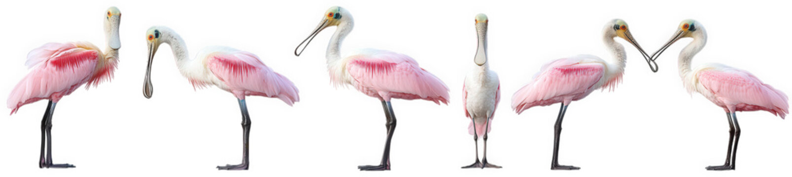 a series of five pink spoonbills in various poses. highlighting their unique features and graceful forms the background is plain white. emphasizing the birds' vibrant colors and elegant stance this vi