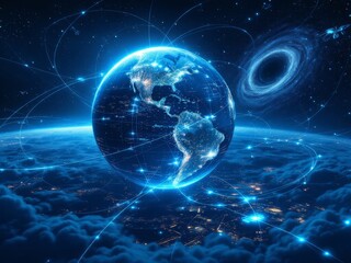 Earth in Space with Glowing Digital Connections, Cloudscape, and a Mysterious Black Hole
