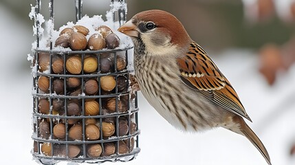 Sparrow feeding on nuts in a snowy winter scene.