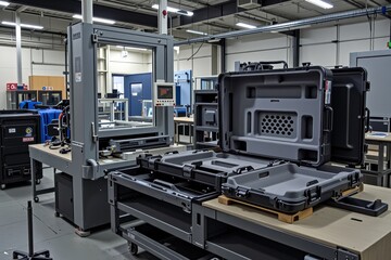 Naklejka premium Industrial Manufacturing Open Hard Cases on a Workstation in a Factory Setting