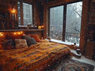 Cozy bedroom with a large window overlooking a snowy winter scene. The bed is piled high with pillows and blankets, and candles and fairy lights create a warm and inviting atmosphere.